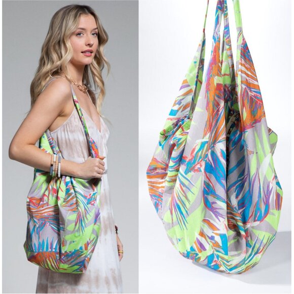 Ruggine Handbags - Boho Chic Beach Yoga Hobo Shoulder Bag - Multi Colored Tropical Palm Frond Print